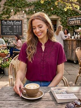 Vintage Deep Burgundy Lace-Trim Mandarin Collar Blouse